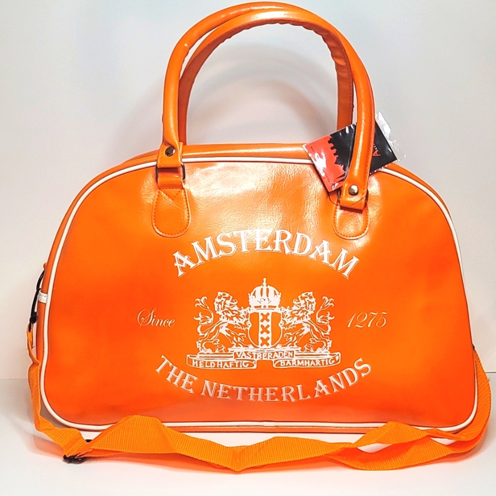 Orange Faux Leather Zippered Amsterdam Statement Tote Luggage Overnight Bag